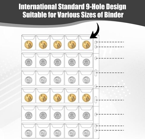 900 Pockets Coin Binder Collection Supplies Pages, 30 Sheets Standard 9 Hole Coin Collector Sleeves, Coins Collecting Pocket Page for Coins Stamp Badge Collection in Kuwait