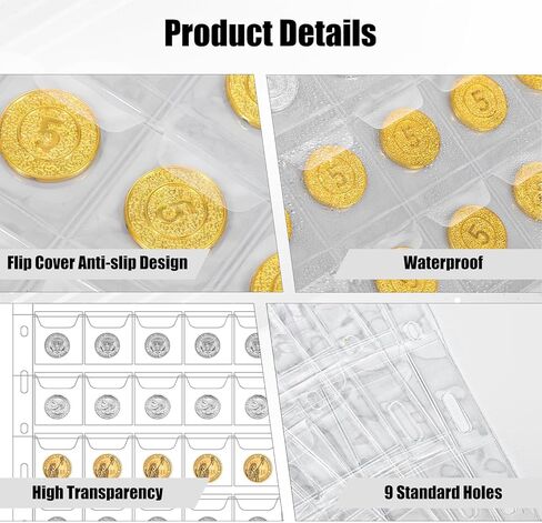 900 Pockets Coin Binder Collection Supplies Pages, 30 Sheets Standard 9 Hole Coin Collector Sleeves, Coins Collecting Pocket Page for Coins Stamp Badge Collection in Kuwait