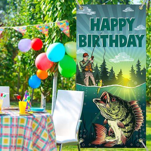 Fisherman Gone Fishing Happy Birthday Banner Backdrop Lake Pole Fishing Fish Fisherman Theme Decor for Men Birthday Party Retirement Party Favors Decorations Supplies 35.4x72.8in-BECKTEN in Saudi Arabia