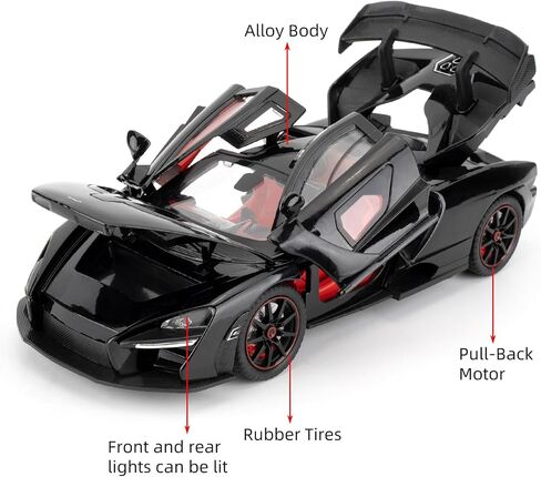 1:24 نموذج سيارات المقياس متوافق مع لعبة McLaren Senna Super Sports Car Toys ، وسبائك الزنك ، وسحب لعبة Toy Back مع الصوت والضوء للفتيان البالغين 3 4 5 6 7 8 (أسود) in Kuwait