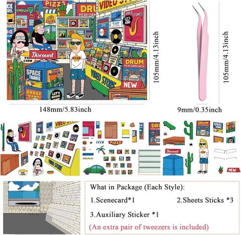 مشاهد ملصقات ثلاثية الأبعاد DIY ، 220 * 307 مم علاج ملصق للتخفيف من الإجهاد الكبار والمرح ، قم بإنشاء عالم مصغر خاص بك مع ملصقات كرتون لطيفة ، وتشمل بطاقة الضوء والظلال ، والملاقط. in Kuwait