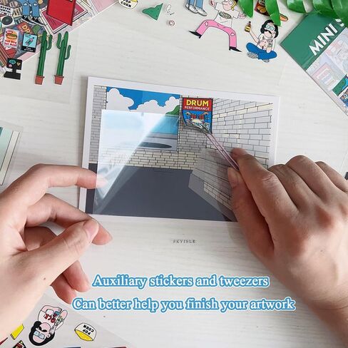 مشاهد ملصقات ثلاثية الأبعاد DIY ، 220 * 307 مم علاج ملصق للتخفيف من الإجهاد الكبار والمرح ، قم بإنشاء عالم مصغر خاص بك مع ملصقات كرتون لطيفة ، وتشمل بطاقة الضوء والظلال ، والملاقط. in Kuwait