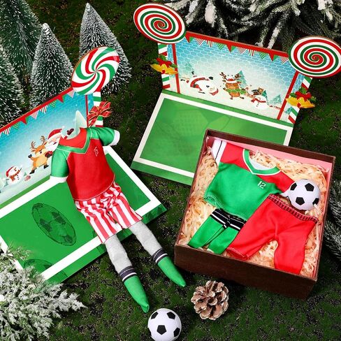 Sotiff 2 Sets/12 Pcs Christmas Doll Accessories Set Include Sports Suit Mini Wooden Soccer Background Board Sports Clothes Soccer Field Set for Xmas Party in Saudi Arabia