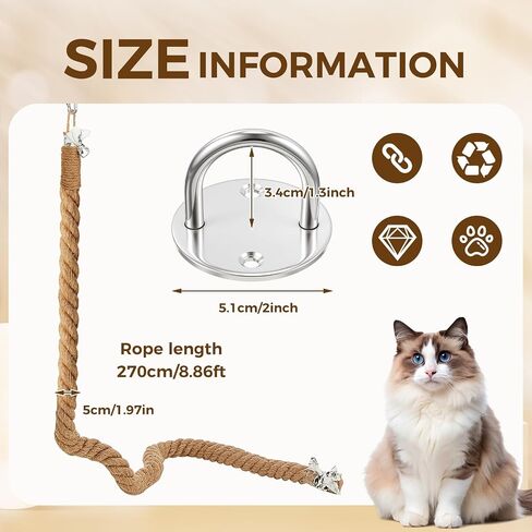 Weysat 1.97'' x 8.9 ft Cat Climbing Jute Rope with Hook Ceiling Wall Mounted Kitten Scratching Post Climbing Rope Toy for Indoor Outdoor Cats in Saudi Arabia