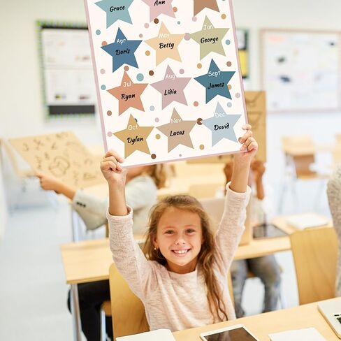 Boho Color Classroom Happy Birthday Chart Poster Colorful Star Birthday Chart Calendars for Student Teacher Kids Back To School Bulletin Board Chalkboard Wall Decor, 11 x 16.5 Inch in Saudi Arabia