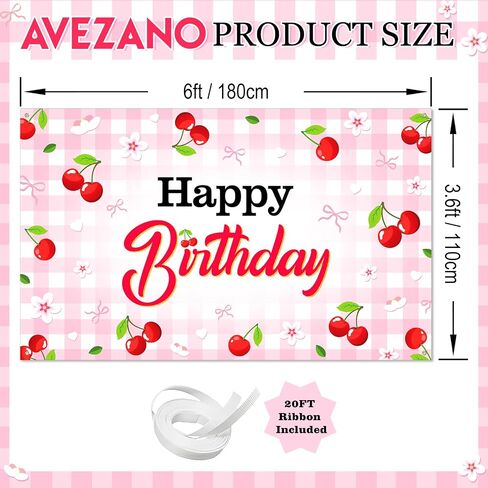 Avezano Cherry Birthday Banner 6x3.6 ft Cherry Bow Birthday Decorations for Gilrs Women Red Pink Party Decorations in Saudi Arabia
