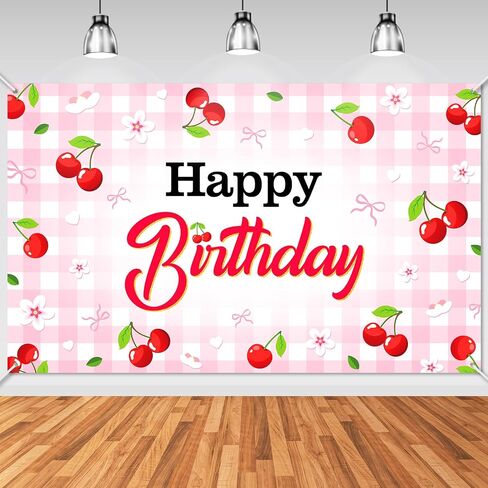 Avezano Cherry Birthday Banner 6x3.6 ft Cherry Bow Birthday Decorations for Gilrs Women Red Pink Party Decorations in Saudi Arabia