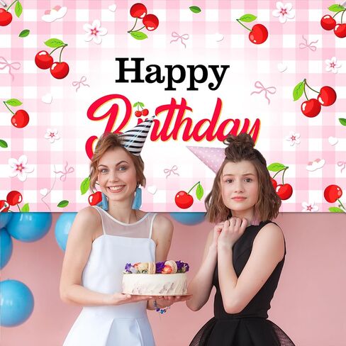Avezano Cherry Birthday Banner 6x3.6 ft Cherry Bow Birthday Decorations for Gilrs Women Red Pink Party Decorations in Saudi Arabia
