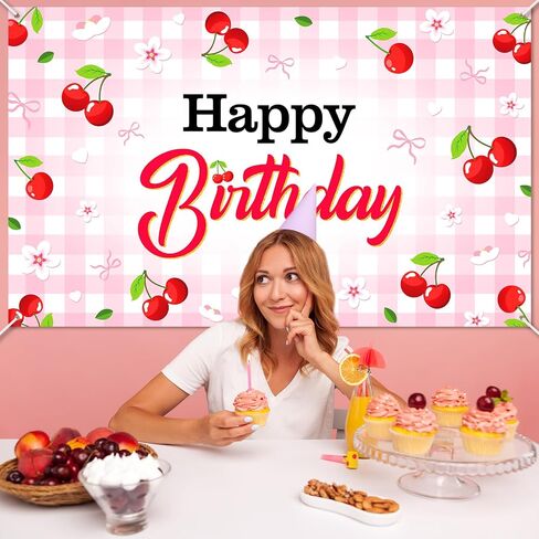 Avezano Cherry Birthday Banner 6x3.6 ft Cherry Bow Birthday Decorations for Gilrs Women Red Pink Party Decorations in Saudi Arabia