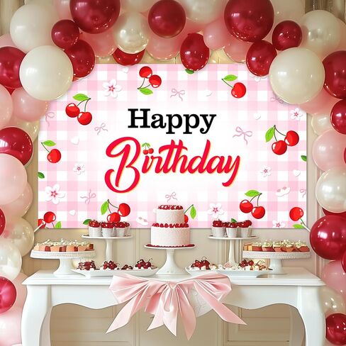 Avezano Cherry Birthday Banner 6x3.6 ft Cherry Bow Birthday Decorations for Gilrs Women Red Pink Party Decorations in Saudi Arabia