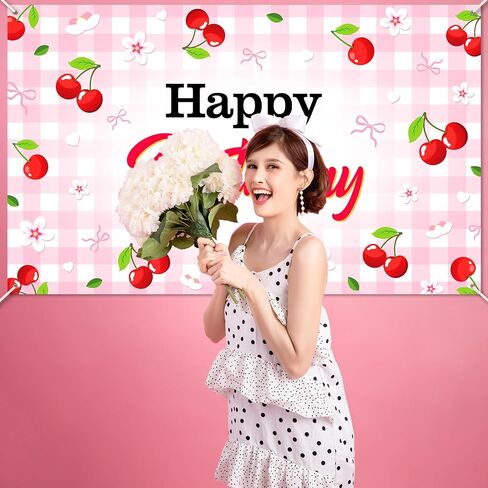 Avezano Cherry Birthday Banner 6x3.6 ft Cherry Bow Birthday Decorations for Gilrs Women Red Pink Party Decorations in Saudi Arabia