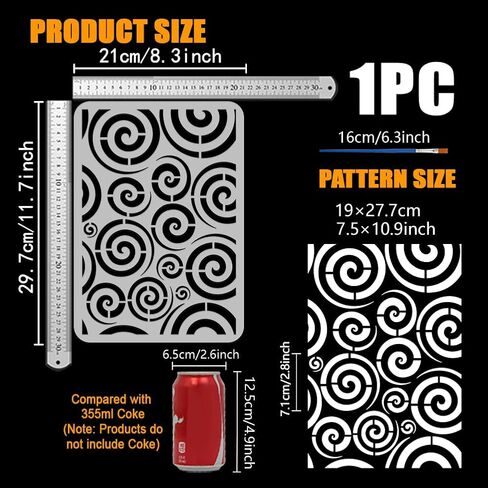 Phesinspire spirals الطلاء stencil مع 1pc فرشاة الطلاء البلاستيكية 8.3x11.7inch قابلة لإعادة الاستخدام نمط رسم النمط خط الفن لا نهاية لها توصيلات تكرار الاستنسل لديكور الجدار المنزلي in Saudi Arabia