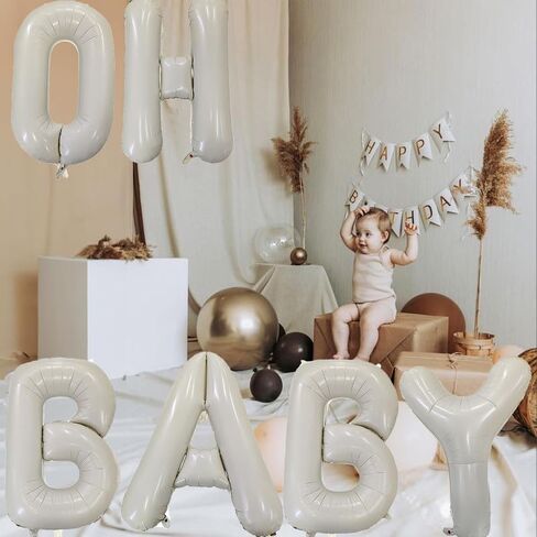 40 Inch Ivory OH BABY Letter Balloon Banner - 6 Pcs Giant Foil Mylar Balloons Connected Banner Ivory Beige & Cream White with Ribbon，Baby Shower Backdrop Decor for Gender Reveal Party in Kuwait