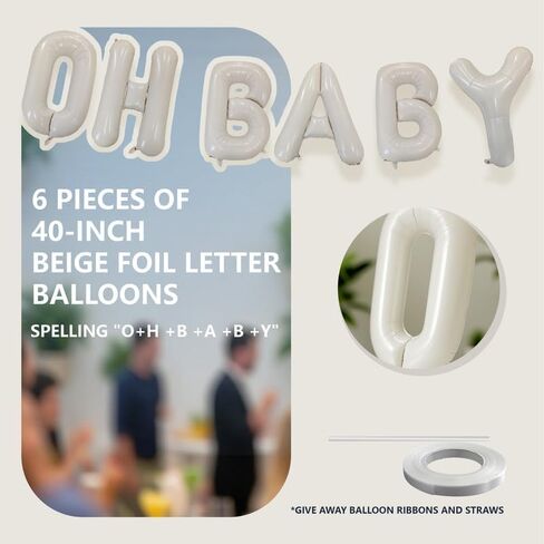40 Inch Ivory OH BABY Letter Balloon Banner - 6 Pcs Giant Foil Mylar Balloons Connected Banner Ivory Beige & Cream White with Ribbon，Baby Shower Backdrop Decor for Gender Reveal Party in Kuwait