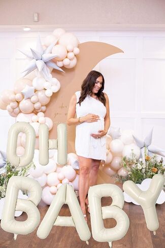 40 Inch Ivory OH BABY Letter Balloon Banner - 6 Pcs Giant Foil Mylar Balloons Connected Banner Ivory Beige & Cream White with Ribbon，Baby Shower Backdrop Decor for Gender Reveal Party in Kuwait