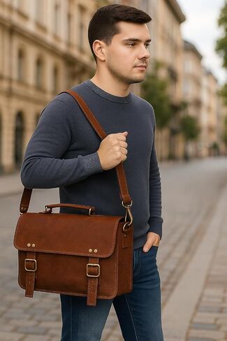 Twara 14 Inch Leather Messenger Bag for Men and Women - Laptop Briefcase Bag For College, Office, Adjustable Shoulder Strap in Saudi Arabia