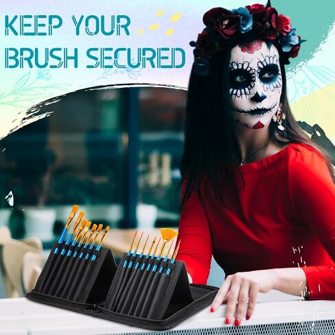 Honoson 16pcs Face Painting Set Stand Brush Holder Organizer 15 Acrylic Paint Brushes 5.4x10.8 Inch Black Canvas Brush Case with 15 Slot Artist Carrying Bag for Birthday Party Halloween Carnival Gift in Saudi Arabia
