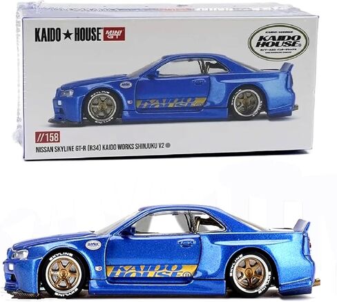 Diecast Model Car متوافق مع Kaido House X Mini GT 1:64 Nissan Skyline GT-R (R34) Kaido Works V2 Aero Shinjuku V2 Blue Limited Edition Die-Cast KHMG158 in Saudi Arabia