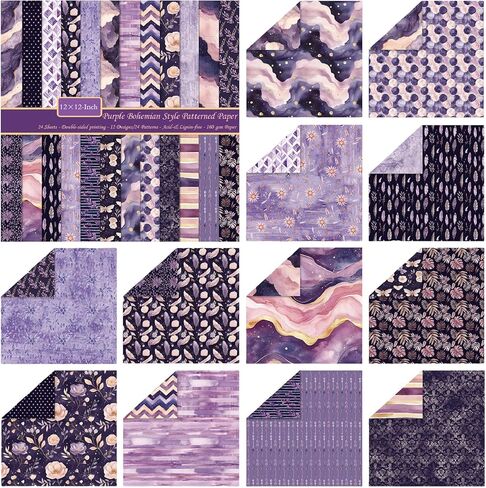 Scrapbook Paper 12x12, Double-sided Bohemian Style Patterned Cardstock, 24 Sheets Purple Watercolor Scrapbooking Supplies Kit, 160 gsm DIY Decorative Craft Papers, 12 Designs, 24 Patterns in Kuwait