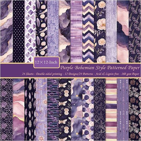 Scrapbook Paper 12x12, Double-sided Bohemian Style Patterned Cardstock, 24 Sheets Purple Watercolor Scrapbooking Supplies Kit, 160 gsm DIY Decorative Craft Papers, 12 Designs, 24 Patterns in Kuwait