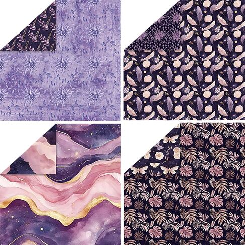 Scrapbook Paper 12x12, Double-sided Bohemian Style Patterned Cardstock, 24 Sheets Purple Watercolor Scrapbooking Supplies Kit, 160 gsm DIY Decorative Craft Papers, 12 Designs, 24 Patterns in Kuwait