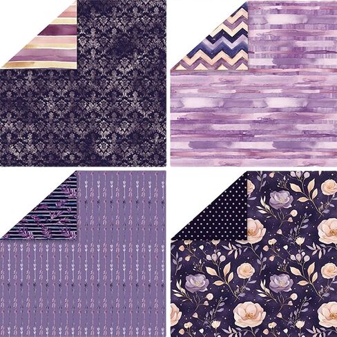 Scrapbook Paper 12x12, Double-sided Bohemian Style Patterned Cardstock, 24 Sheets Purple Watercolor Scrapbooking Supplies Kit, 160 gsm DIY Decorative Craft Papers, 12 Designs, 24 Patterns in Kuwait