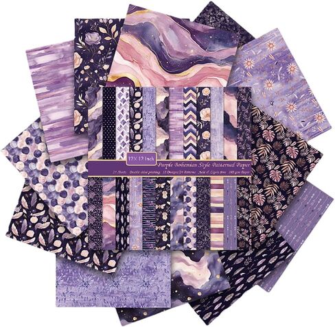 Scrapbook Paper 12x12, Double-sided Bohemian Style Patterned Cardstock, 24 Sheets Purple Watercolor Scrapbooking Supplies Kit, 160 gsm DIY Decorative Craft Papers, 12 Designs, 24 Patterns in Kuwait