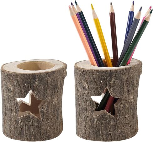 AHANDMAKER 2Pcs Rustic Wood Pen Cup Holder, Wood Pencil Holder Round Desktop Organizer, Pencil Cup Wooden Log Pen Stand, Desktop Stationary Organizer for Office Home Brush Pen Holder in Saudi Arabia