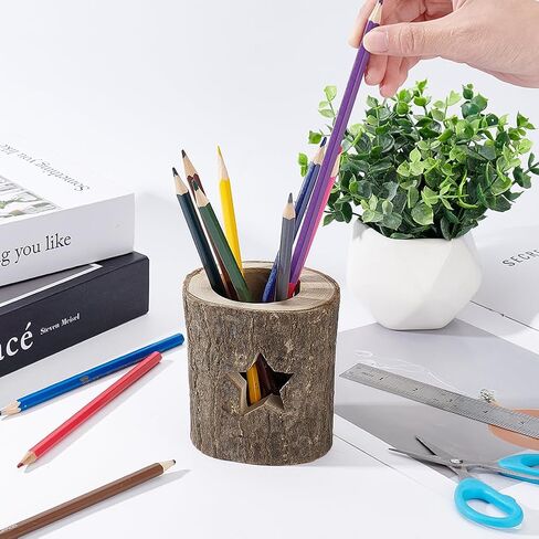 AHANDMAKER 2Pcs Rustic Wood Pen Cup Holder, Wood Pencil Holder Round Desktop Organizer, Pencil Cup Wooden Log Pen Stand, Desktop Stationary Organizer for Office Home Brush Pen Holder in Saudi Arabia