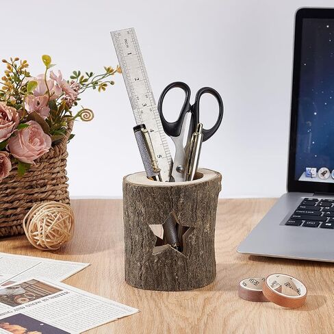AHANDMAKER 2Pcs Rustic Wood Pen Cup Holder, Wood Pencil Holder Round Desktop Organizer, Pencil Cup Wooden Log Pen Stand, Desktop Stationary Organizer for Office Home Brush Pen Holder in Saudi Arabia