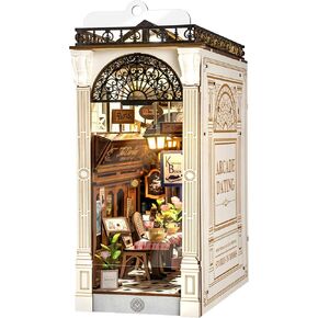 ROBOTIME DIY Book Nook Kit Bookend Stand Bookshelf Insert Bookcase Miniature House with Sensor Light 3D Wooden Puzzle Model Building (Sunshine Town) in Kuwait