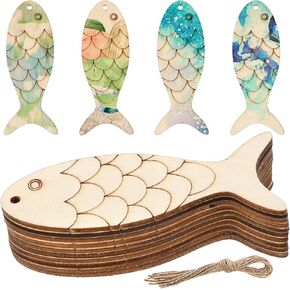 30Pcs Wood Fish Cutouts Unfinished Fish Shaped Wood Cut Out with Holes Blank Wooden Hanging Ornaments with Twine Shaped Wooden Things to Paint for DIY Crafts Party Decoration in Saudi Arabia