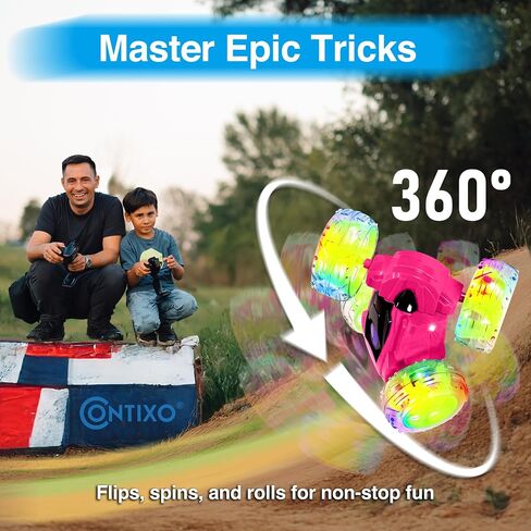 Contixo SC3A Toy Remote Control Car for Kids with Double-Sided 360° Rotating Stunt, 4WD Off-Road RC Cars with LED Lights, Birthday for Boys and Girls Ages 4 5 6 7 - Pink in Saudi Arabia