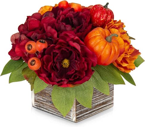 Fall Decor Autumn Harvest Pumpkins Centerpiece - Artificial Peony Arrangement in Wooden Box for Thanksgiving Party Mantel Fall Decor in Kuwait
