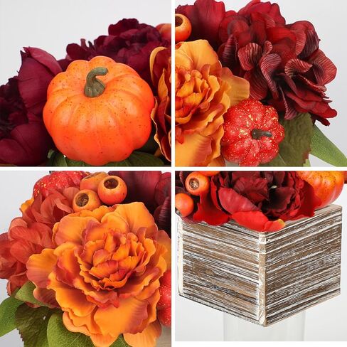 Fall Decor Autumn Harvest Pumpkins Centerpiece - Artificial Peony Arrangement in Wooden Box for Thanksgiving Party Mantel Fall Decor in Kuwait