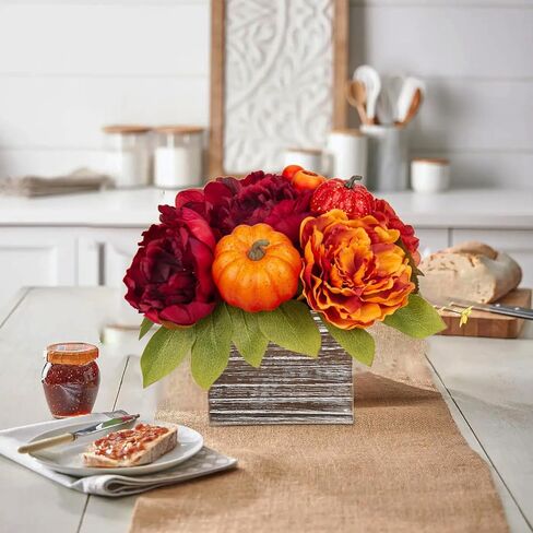 Fall Decor Autumn Harvest Pumpkins Centerpiece - Artificial Peony Arrangement in Wooden Box for Thanksgiving Party Mantel Fall Decor in Kuwait