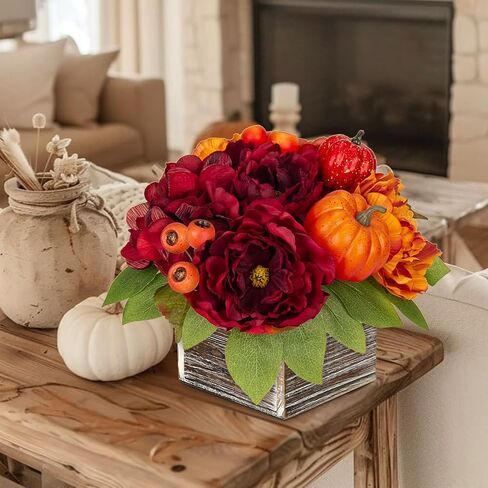 Fall Decor Autumn Harvest Pumpkins Centerpiece - Artificial Peony Arrangement in Wooden Box for Thanksgiving Party Mantel Fall Decor in Kuwait