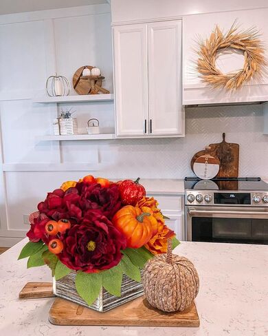 Fall Decor Autumn Harvest Pumpkins Centerpiece - Artificial Peony Arrangement in Wooden Box for Thanksgiving Party Mantel Fall Decor in Kuwait