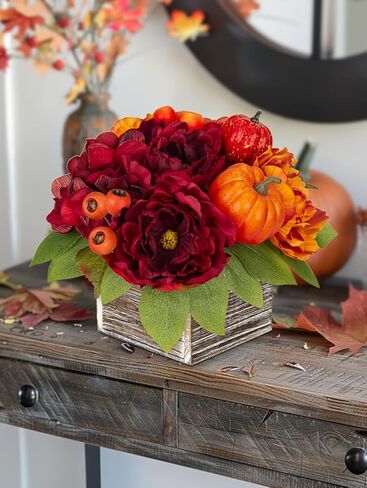 Fall Decor Autumn Harvest Pumpkins Centerpiece - Artificial Peony Arrangement in Wooden Box for Thanksgiving Party Mantel Fall Decor in Kuwait
