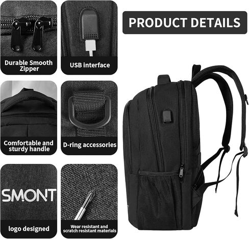 SMONT Large Laptop Backpack for Men, 17" Mens Business Bookbag for Computer Office Tech Commuter Work Black in Kuwait
