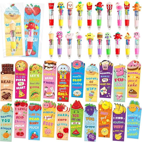 80 Pcs Cute Multicolor Pens with Fruit Food Bookmarks Silicone Pen and Motivational Bookmark Set Appreciation Gift Lovely Bookish Stationery for Kids Book Lovers Students Teacher School Supplies in Saudi Arabia