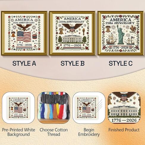 US 250th Anniversary Cross Stitch Kit, DIY Cross Stitch Kit, Personalized Patriotic Cross Stitch Kits, Cross Stitch Kits for Beginners Stamped for Friends, Home Wall Decor (Color-A) in Saudi Arabia