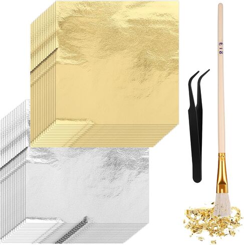 100 Pcs 5.5" X 5.5" Gold Leaf Sheets for Art Foil Paper, Gold & Silver Foils Sheets, Foil Paper Art Foils Sheet for Resin Gilding Crafting Nails Furniture Home Decor with Tweezer & Brush in Saudi Arabia
