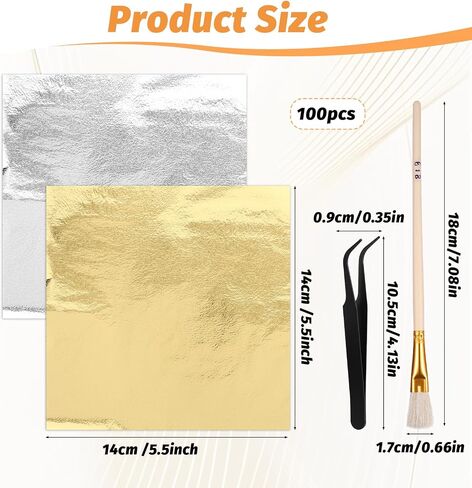 100 Pcs 5.5" X 5.5" Gold Leaf Sheets for Art Foil Paper, Gold & Silver Foils Sheets, Foil Paper Art Foils Sheet for Resin Gilding Crafting Nails Furniture Home Decor with Tweezer & Brush in Saudi Arabia