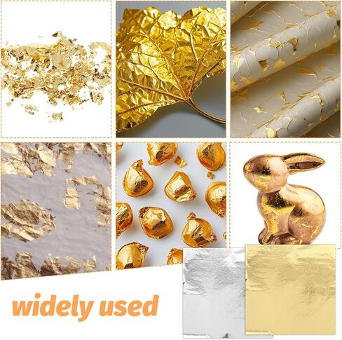 100 Pcs 5.5" X 5.5" Gold Leaf Sheets for Art Foil Paper, Gold & Silver Foils Sheets, Foil Paper Art Foils Sheet for Resin Gilding Crafting Nails Furniture Home Decor with Tweezer & Brush in Saudi Arabia