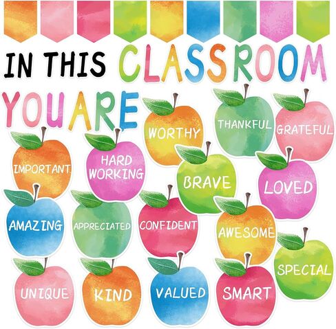 31Pcs Back to School Classroom Bulletin Board Decorations Set,Watercolor Apples Motivational Words Cutouts Positive Banner Bulletin Decoration with Dot Glues for Classroom Door Wall in Kuwait
