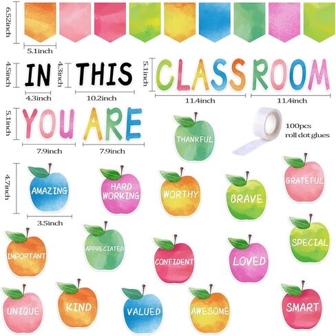 31Pcs Back to School Classroom Bulletin Board Decorations Set,Watercolor Apples Motivational Words Cutouts Positive Banner Bulletin Decoration with Dot Glues for Classroom Door Wall in Kuwait