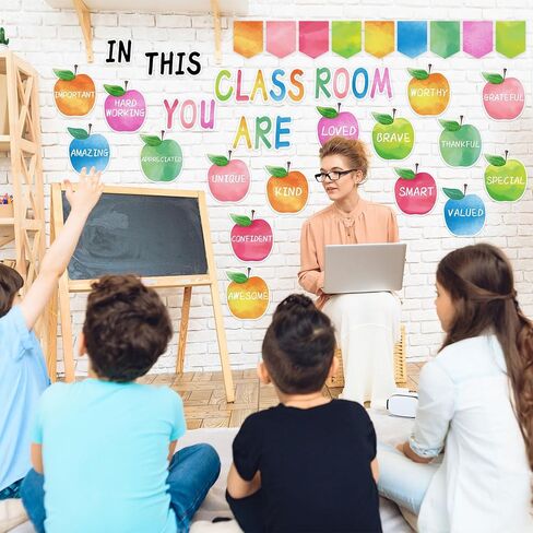 31Pcs Back to School Classroom Bulletin Board Decorations Set,Watercolor Apples Motivational Words Cutouts Positive Banner Bulletin Decoration with Dot Glues for Classroom Door Wall in Kuwait