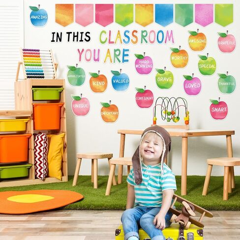 31Pcs Back to School Classroom Bulletin Board Decorations Set,Watercolor Apples Motivational Words Cutouts Positive Banner Bulletin Decoration with Dot Glues for Classroom Door Wall in Kuwait