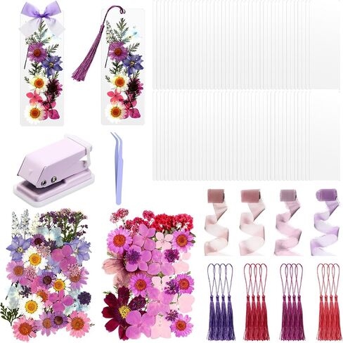 222 Pcs Dried Flower Bookmark Making Kit Include DIY Pressed Flower Colorful Tassels Ribbons and Transparent Bookmark Laminating Pouches 2 x 6 Inch (Classic Color) in Saudi Arabia